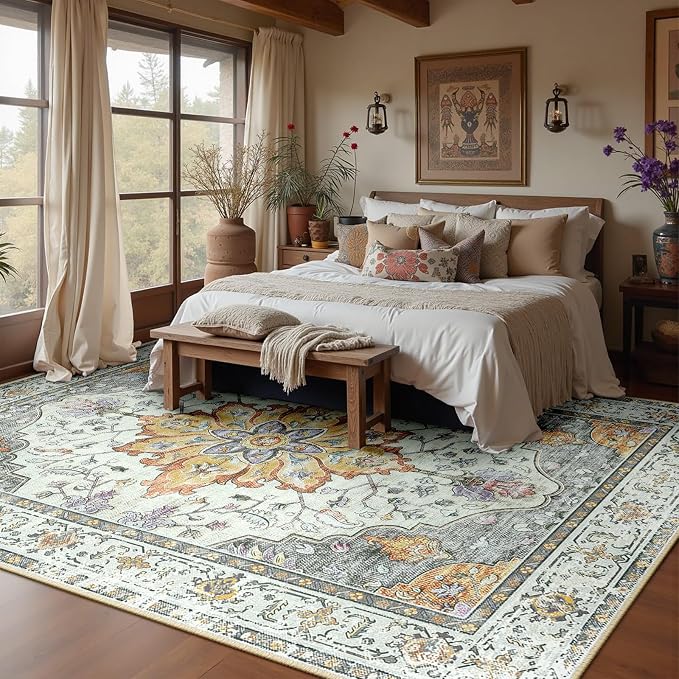 RELEANY Area Rugs 10'x14' Washable Non-Slip, Floral Vintage Distress Print - Image 2