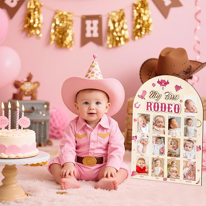 R HORSE My First Year Photo Frame Board, 3D Western Cowgirl Birthday Decorations Display Wood Board, Baby First Year Picture Frame 12 Months Milestone 1st Birthday Nursery Decor Gift for Girl
