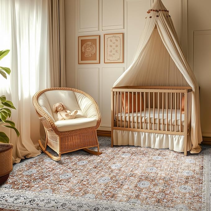 jinchan Floral 5x7 Area Rugs for Bedroom - Machine Washable Vintage Distressed Boho Design Throw Rug Stain Resistant Carpet Low-Pile Thin Non-Slip for Nursery Living Room Dining Room (5‘x7',Orange)