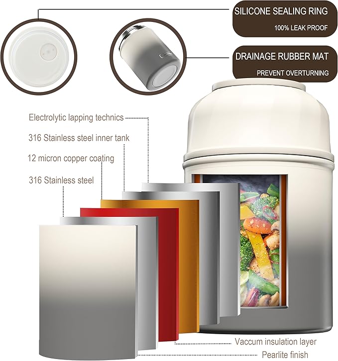 Soup Thermo for Hot Food & Drinks, Thermo Lunch Box for Kids, 17oz Vacuum Insulated Food Container with Spoon&&Drawstring Bag, Soup Therm for Adults,Black&White