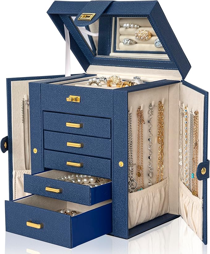 AKOZLIN Jewelry Box Organizer Functional Leather Jewelry Storage Case for Women Girls Ring Necklace Earring Bracelet Holder Organizer with Mirror Blue