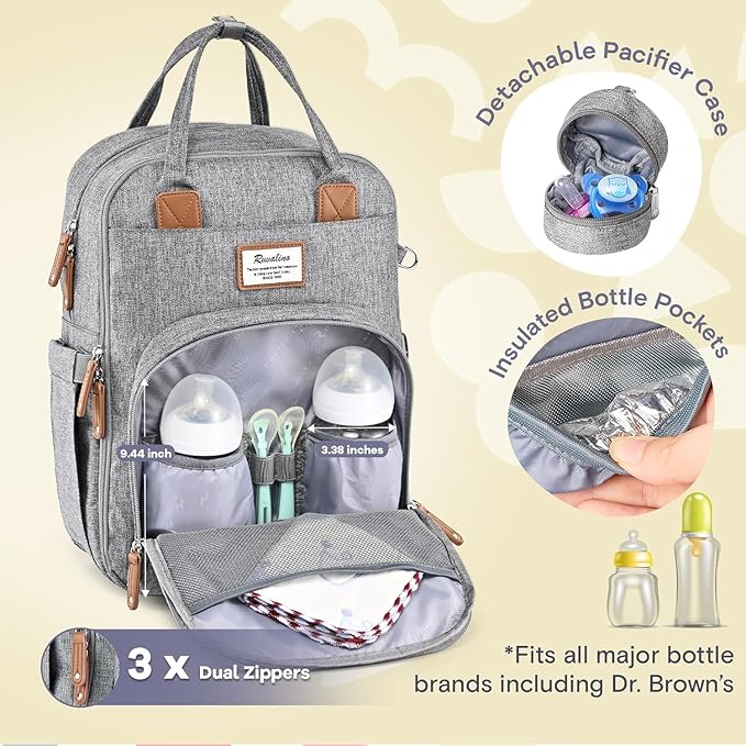 RUVALINO Diaper Bag Backpack-Expandable Baby Bag with up to 50% Capacity -Baby Essentials Bag with Changing Pad Insulated Bottle Holders & Pacifier Case, Waterproof, Gray XL
