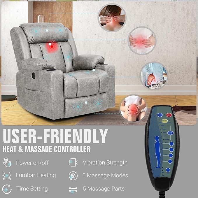 Retro Rocking Recliner Chair, Massage Rocker Recliner Chair with Vibration Massage and Heat, USB and Type-C Ports,360° Swivel Chairs, Living Room, Bedroom, Nursery, RV, Light Grey
