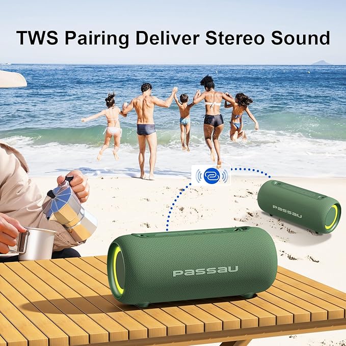 Passau Portable Bluetooth Speakers 40W Peak Loud Stereo Sound, Passive Radiators-Deep Bass, All Day Playtime, Adjustable Strap, BT5.3, IPX5 Wireless Speaker RGB Lights for Indoor Outdoor-Green
