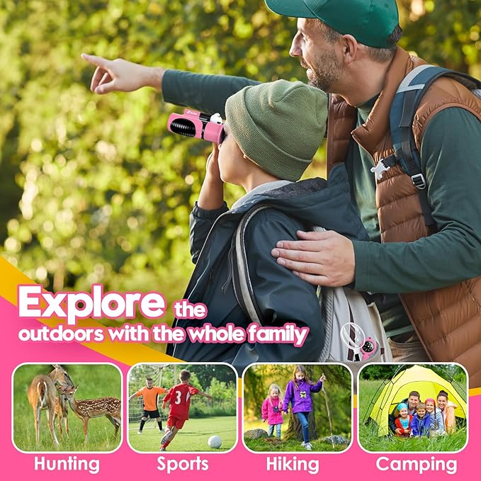 Binoculars for Kids, Toys for 3-12 Year Old Girls and Boys, Bird Watching Hiking Outdoor Learning Toy with Magnifying Glass &Compass, Birthday Easter Gifts Toys for Boy Kid Ages 3-6 (Pink)