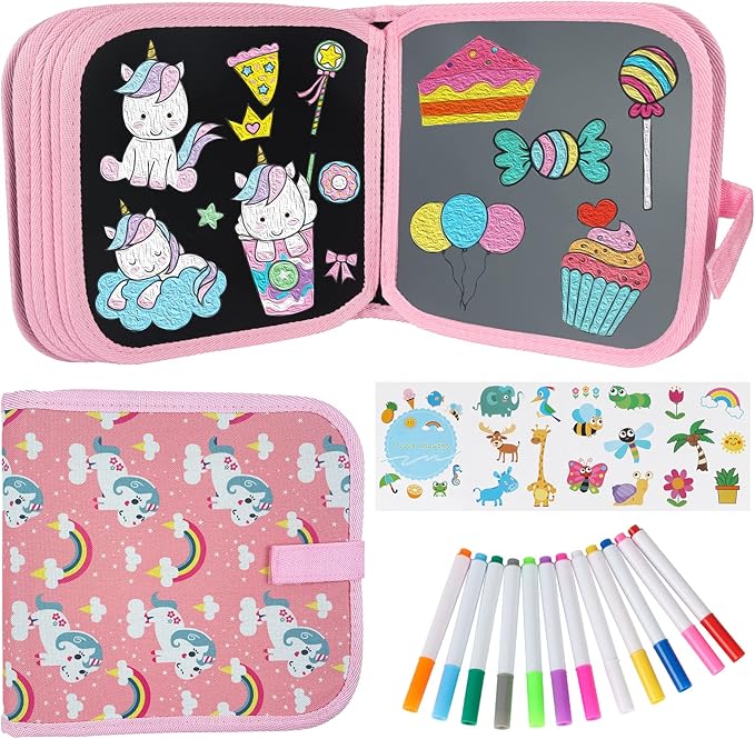 Erasable Book Doodle Set for Kids,Magic Drawing Book for Kids,Reusable Drawing Book 12 Watercolor Pens 14 Page Drawing,Road Trip Car Game Writing Painting Set for Boys and Girls