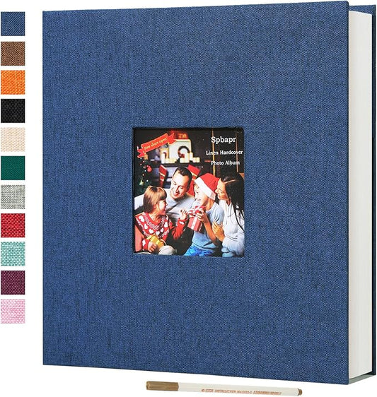Spbapr Large Photo Album Self Adhesive 3x5 4x6 5x7 8x10 Pictures Magnetic Scrapbook 40 Blank Pages Linen Cover DIY Album with A Metal Pen