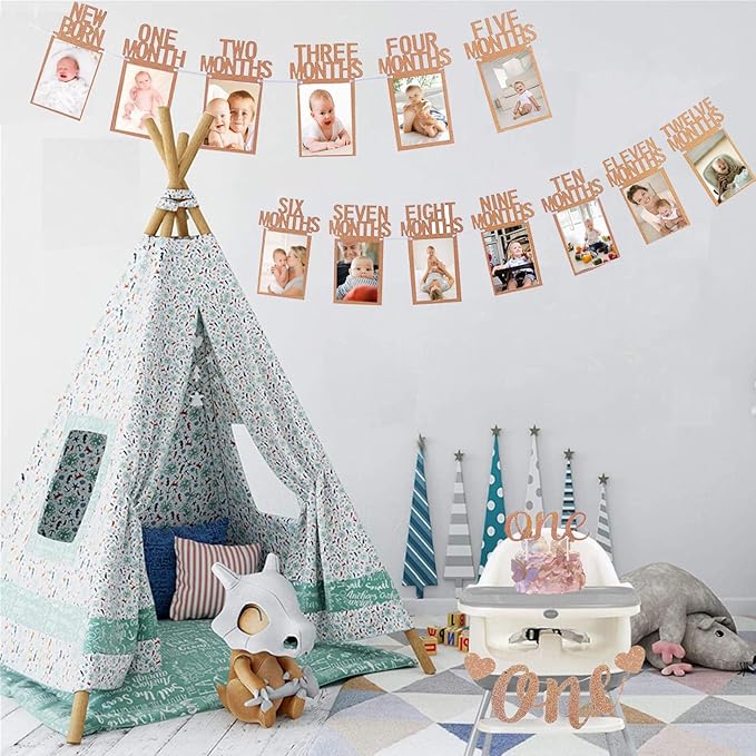 Monthly Photo Banner First Birthday Photo Banner for Newborn to 12 Months First Birth Decorations with Birthday Cake Topper & High Chair Banner