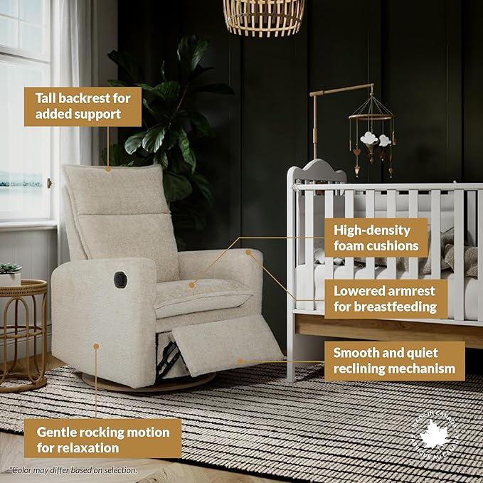 Jaymar Arya Modern Nursery Glider Recliner Chair – Cozy Nursing Chair with 360° Swivel for New Parents, Gentle Motion, Compact Design, High Back & Low Armrests, Canadian Made (Charcoal/Nexus Fabric)