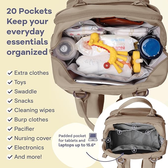 RUVALINO Diaper Bag Backpack-Multifunction Baby Travel Bag with Changing pad, Insulated Bottle Holders & Pacifier Case, Large Capacity, Waterproof, Clay