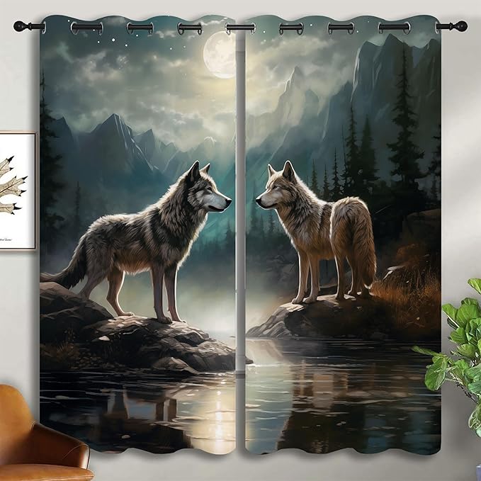 Wolf Blackout Curtains for Boys Girl Bedroom Decor,Moon Mountain Pine Forest Wild Animals Thermal Insulated Grommet Drapes Darkening Window Curtain for Living Room Home 63x63 inch