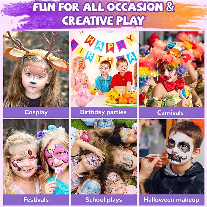 Professional Face Painting Kit for Kids – 42 Color Water Activated Facepaint Makeup Kit, Non-Toxic face Paint with Stencils, Gems, Brushes– for Halloween, Parties, Carnival, School Event & Festivals