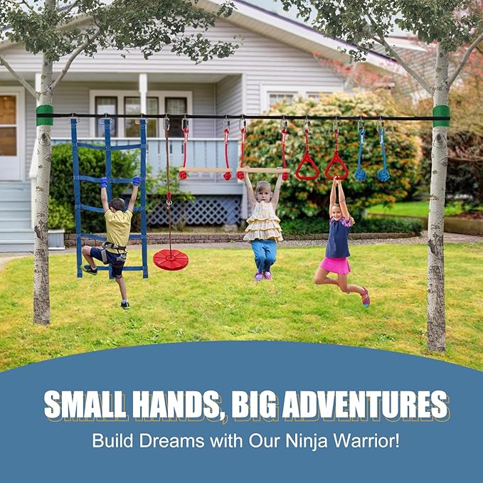 Slsy Ninja Warrior Obstacle Course for Kids, 50FT Durable Ninja Slackline Kit with 8 Accessories, Playset Equipment for Boys & Girls with Swing, Climbing Net, Ladder & Monkey Bars