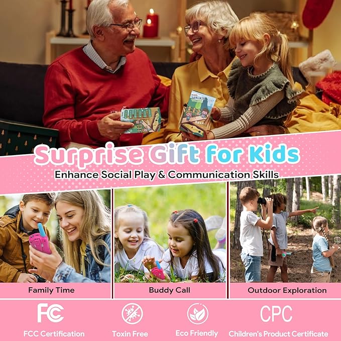 Vvinca Toys for 3-12 Year Old Girls, Rechargeable Walkie Talkies for Kids 22 Channels 2 Way Kids Walkie Talkie with Flashlight for Camping Hiking Indoor Outdoor 3 4 5 6-12 Boy Girl Birthday Gifts Pink