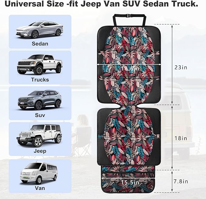 Car Seat Protector for Child Car Seat, 2 Pack Baby Car Seat Covers with Mesh Pockets & Non-Slip Backing 600D Durable Seat Protector Under Baby Car Seat for Car Back Seat (Red Leaves, Large)