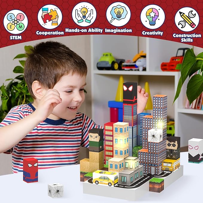 150 PCS Magnetic Blocks Building Toys Set, Spider Toys Light Up Magnetic Building Blocks for Boys Girls Ages 3+, 1 Inch Magnet Cubes STEM Sensory Construction Toy City Themes