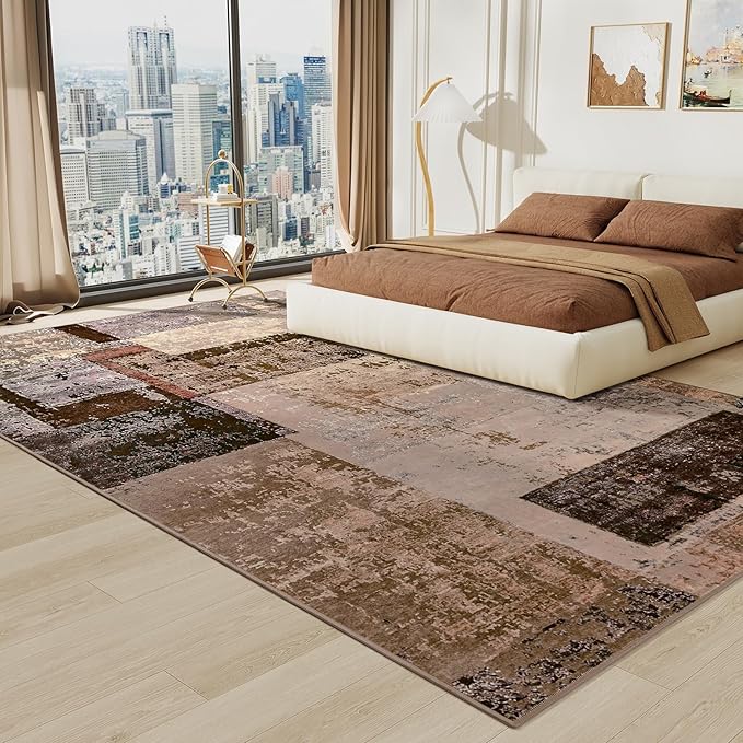 LOCHAS Rug for Living Room, Washable Soft Area Rugs for Bedroom 6x9, Abstract Carpet for Indoor Office Kids Dining Room Nursery Floor, Brown Geometric Vintage Home Decor, Non Slip, Pet Child Friendly