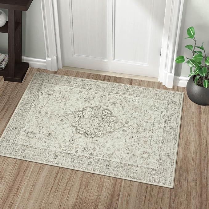 LIVEBOX Washable Rug 2x3 Kitchen Mats for Floor Entryway, Non Slip Front Door Mat for Bathroom Hallway, Boho Low-Pile Small Carpet Farmhouse Throw Indoor Rugs for Bath Sink, Taupe