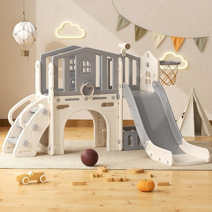 YUFU 8 in 1 Toddler Slide Set, Kids Slide for Toddlers Age 1-3, Toddler Playset with Climber, Basketball Hoop and Ball, Outdoor Indoor Playground for Toddlers 1-3 (Beige+Gray)