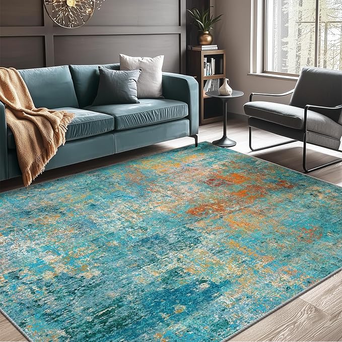 Washable Area Rugs 6'x9' Non-Slip Modern Abstract Soft for Living Room Entryway Bedroom Nursery, Print Pattern, Teal Blue Green Orange Rust Red Colorful