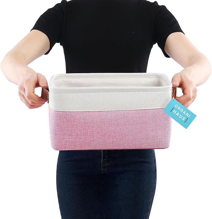 OrganiHaus Small Fabric Storage Baskets for Shelves 3 Pack, 12x8in Closet Storage Bins for Shelves, Cloth Baskets for Organizing, Linen Closet Organizers, Fabric Basket, Pink/White
