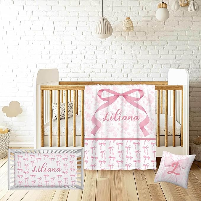 Personalized Baby Girl Crib Bedding Set – Custom Name Pink Bow 3-Piece Nursery Set with Soft Flannel Blanket, Fitted Sheet & Pillowcase – Infant & Toddler Bedding Gift