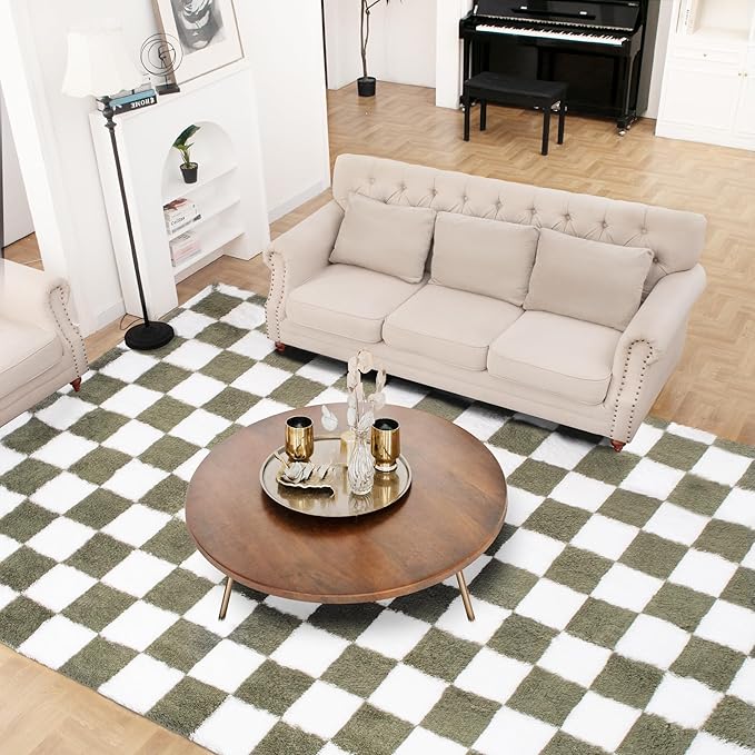 Super Soft Rug for Bedroom, 4x6 Ft Green and White Area Rug Classic Checkered Shaggy Anti-Skid High Pile Soft Fluffy Rug Fuzzy Carpet for Living Room Bedroom Kids Room Nursery, Dorm Home Decor