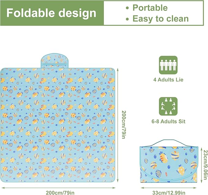 UDEAR Foldable Picnic Blanket,80"x80" Waterproof, Sandproof, Portable with Tote Bag for Beach, Park, Camping, and Travel,Blue