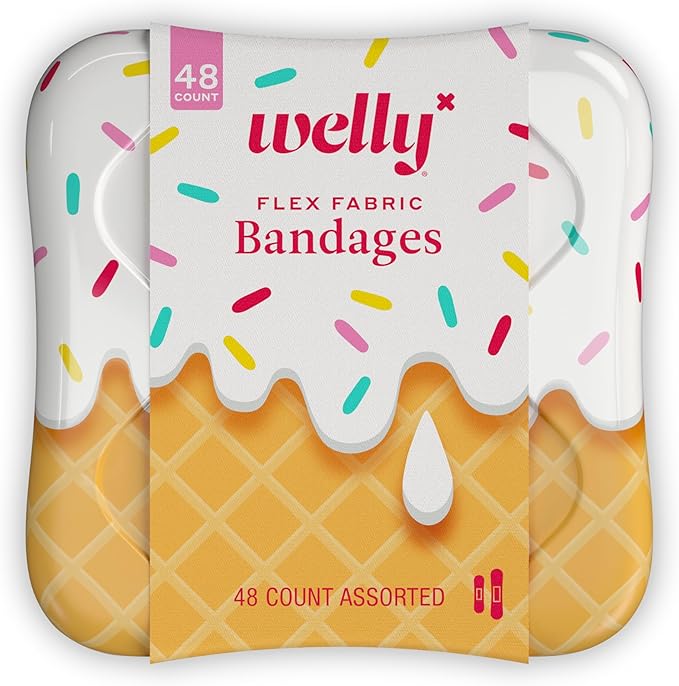 Welly Bandages | Adhesive Flexible Fabric Bravery Badges | Assorted Shapes for Minor Cuts, Scrapes, and Wounds | Colorful and Fun First Aid Tin | Ice Cream Patterns - 48 Count