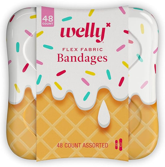 Welly Bandages | Adhesive Flexible Fabric Bravery Badges | Assorted Shapes for Minor Cuts, Scrapes, and Wounds | Colorful and Fun First Aid Tin | Ice Cream Patterns - 48 Count
