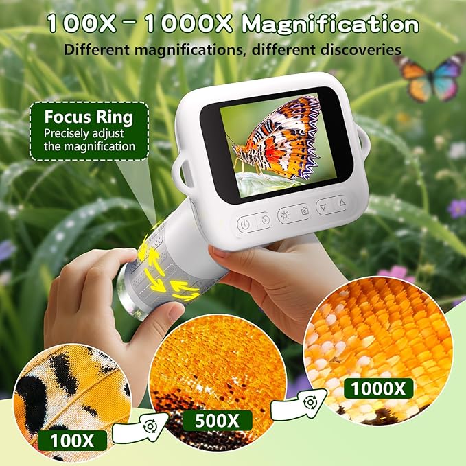 Microscope for Kids with 12 Slides, 100X-1000X 1080P Digital Handheld Kids Microscope, Mini Portable Pocket Miniscope Science Toys Gifts for 3+ 4 5 6 7 8 9 10 11 12 Year Old Boys Girls, White