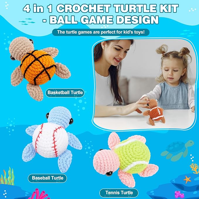 Crochet Kit for Beginners -4 PCS Turtle Crochet Kit with Step-by-Step Video Tutorials, Beginner Crochet Kits for Adults, Animal Crochet Turtle Ball Games Set