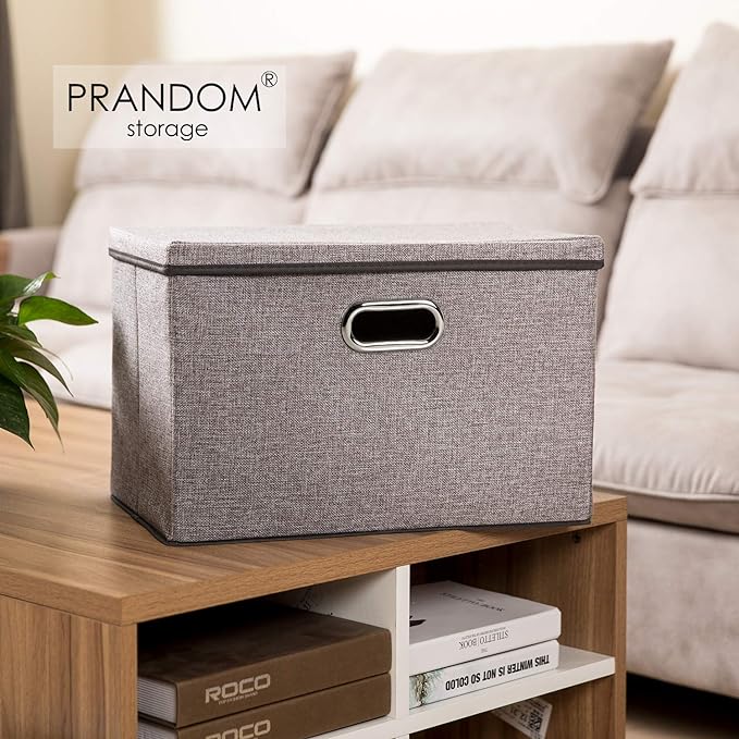 PRANDOM Large Foldable Storage Bin with Lid [1-Pack] Linen Fabric Decorative Storage Box Organizer Containers Basket Cube with Handles Divider for Bedroom Closet Office Living Room (17.7x11.8x11.8)