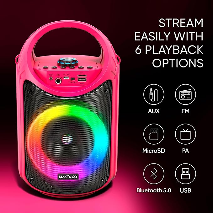 MASINGO Karaoke Machine for Kids and Adults with 2 Wireless Bluetooth Microphones, PA Portable Speaker with Colorful LED Lights, Supports TF Card/USB, AUX/MIC in, TWS for Home Party, Burletta C10 V2