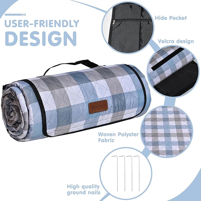 HX&OD Outdoor Picnic Blanket, Extra Large, 80''x60'' Waterproof Foldable Blankets Gingham Picnic Mat for Beach, Camping Grass Lawn Park Accessories Cute Couple Ideas Wedding (Coffee Color, 80”x60”)
