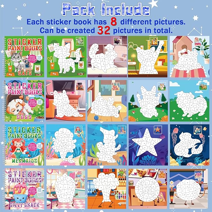 gisgfim 4Pcs Paint by Sticker Books Sticker by Number Books Activity Puzzle Book Craft Art Gift with Mermaid Cat Dog Silly Snack 32 Pictures Sticker by Number Book Set Party Favors