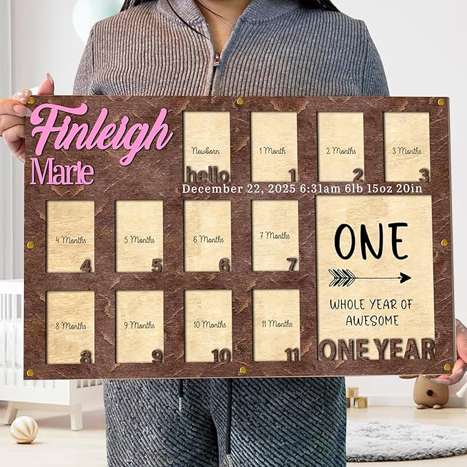 Personalized My First Year Photo Frame | 12 Months Picture Frame For Baby First Year | Displays One 5x7 Photo and Twelve 2x3 Pictures | Birthday Party Decor Newborn Memory Keepsake, Style MP2