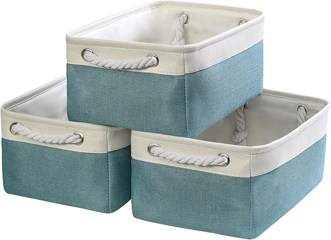 TheWarmHome Fabric Storage Bins Baskets for Organizing,Sturdy Storage Basket W/Handles, Decorative Foldable Storage Baskets for Shelves Closet Nursery Toy (White&Teal, Medium - 3 Pack)