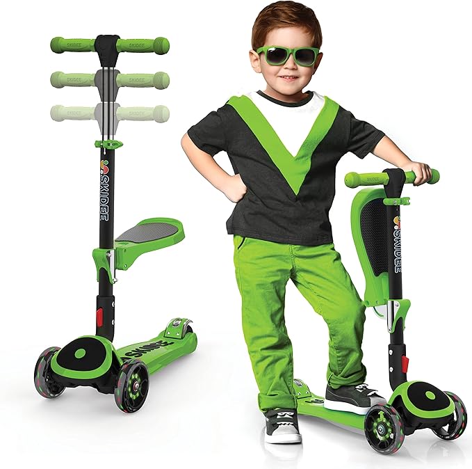 SKIDEE Kick Scooters for Kids Ages 3-5, Adjustable Height Foldable Scooter with Removable Seat, 3 LED Light Wheels, Rear Brake, Wide Standing Board, Suitable Up to 12 Year Old Boys/Girls