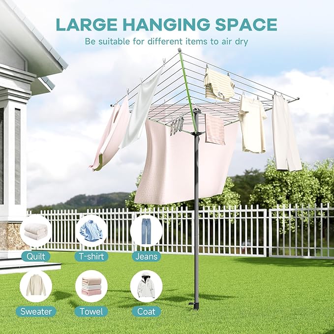 APEXCHASER Clothes Drying Rack, Outdoor Umbrella Drying Rack, Rotary Metal Drying Rack Clothing Foldable, 3-Arms Umbrella Clothesline with 98ft, Steel Frame, Backyard