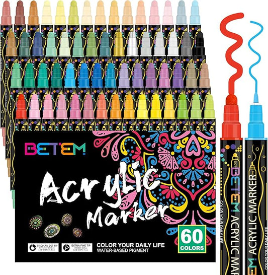 Betem 60 Colors Dual Tip Acrylic Paint Pens Markers, Premium Acrylic Paint Pens for Halloween Decorations, Wood, Canvas, Stone, Rock Painting, Glass, Ceramic Surfaces, Pumpkin Painting Kit DIY Crafts