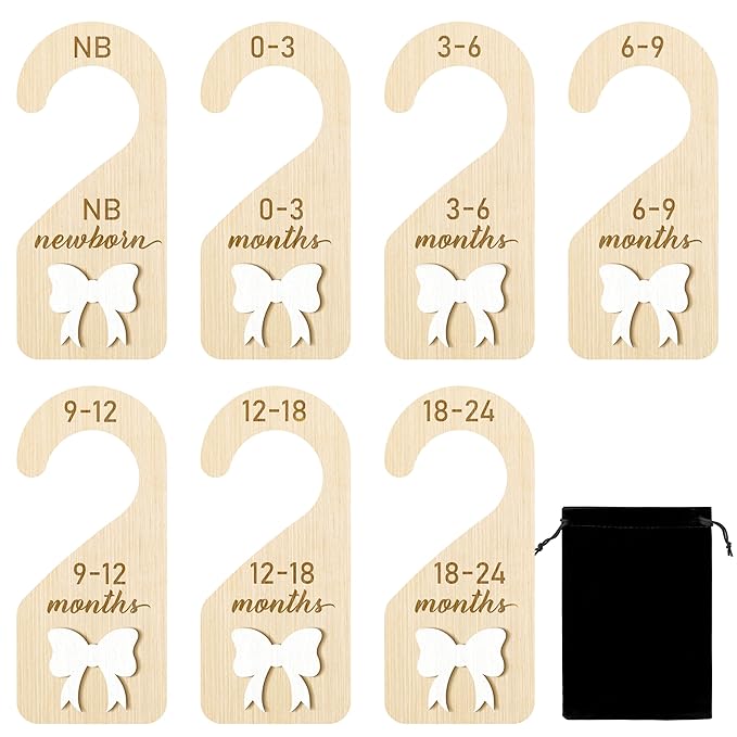 R HORSE Wooden Baby Closet Dividers - 3D Coquette White Bow Baby Closet Organizer, 8Pcs Double-Sided Newborn Clothes Size Hanger Dividers, Nursery Decor Birthday Gift for Boy Girl (0-24 Months)