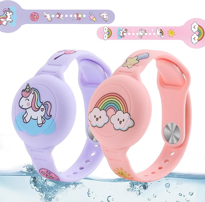R-fun Waterproof Air Tag Bracelets [2 Pack] Compatible with Apple Air Tag Finders with Cartoon Pattern,Anti Lost GPS Item Finders Case Cover,Pink Rainbow/Purple Unicorn