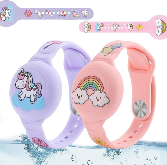 R-fun Waterproof Air Tag Bracelets [2 Pack] Compatible with Apple Air Tag Finders with Cartoon Pattern,Anti Lost GPS Item Finders Case Cover,Pink Rainbow/Purple Unicorn
