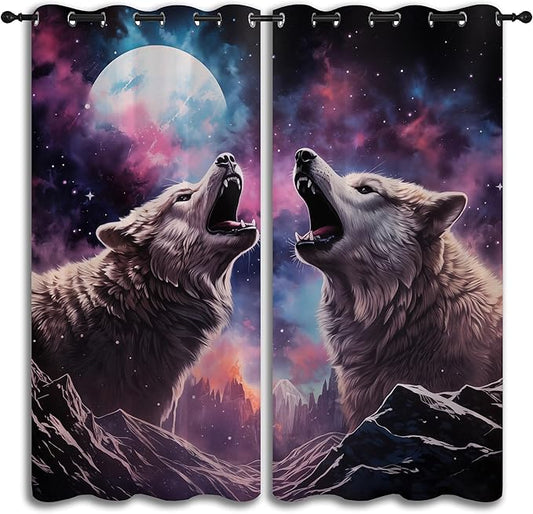 Wolf Blackout Curtains for Boys Girl Bedroom Decor,Fantasy Starry Sky Galaxy Forest Wildlife Thermal Insulated Grommet Drapes Darkening Window Curtain for Living Room Home 84x63 inch