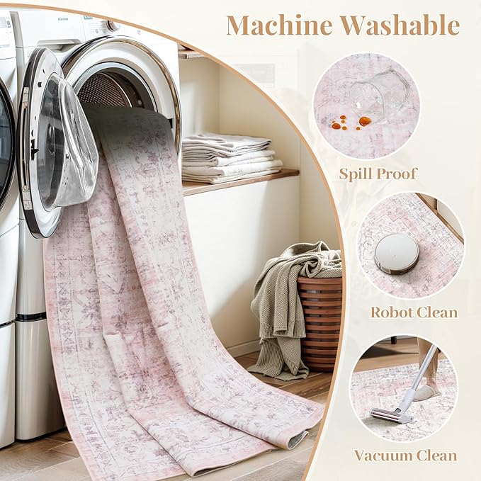 LIVEBOX Pink 5x7 Area Rug for Bedroom Girls, Boho Washable Rugs for Living Room Nursery, Non-Slip Indoor Soft Carpet Low-Pile Farmhouse Carpets for Dining Room Kids Playroom, Pink