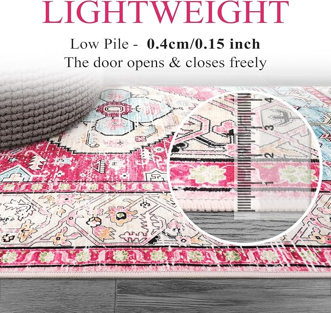 Lahome Boho Round Rug - 4Ft Washable Area Rug, Non-Slip Small Bathroom Rug, Lightweight Bedroom Throw, Oriental Distressed Print Carpet for Entryway, Sofa, Nursery, Kids Room