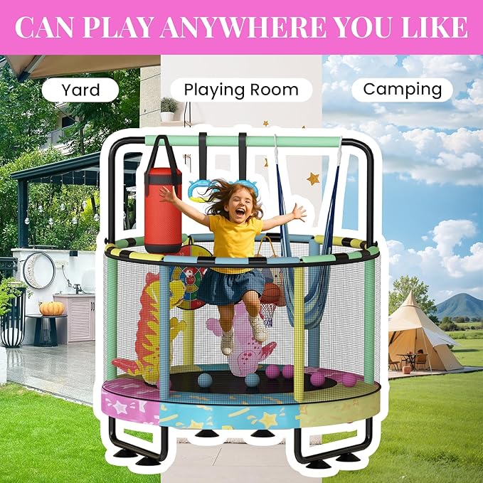 LAMERGE 55" 7-in-1 Round Trampoline for Kids Boys & Girls Ages 1-8, Indoor & Outdoor Trampoline for Fun, Adjustable Height Handrail ＆ Enclosed Safety Net ＆ Durable Designs for Toddlers Children