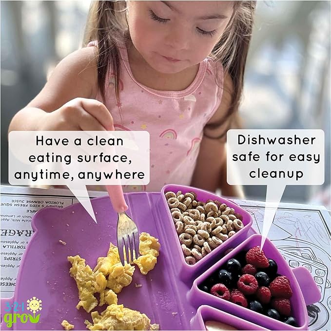 Silicone On-The-Go Snack Mat – Foldable Reusable Placemat with 3 Compartments and Lids – Travel-Friendly Baby and Toddler Snack Plate – Dishwasher Safe (Plum)