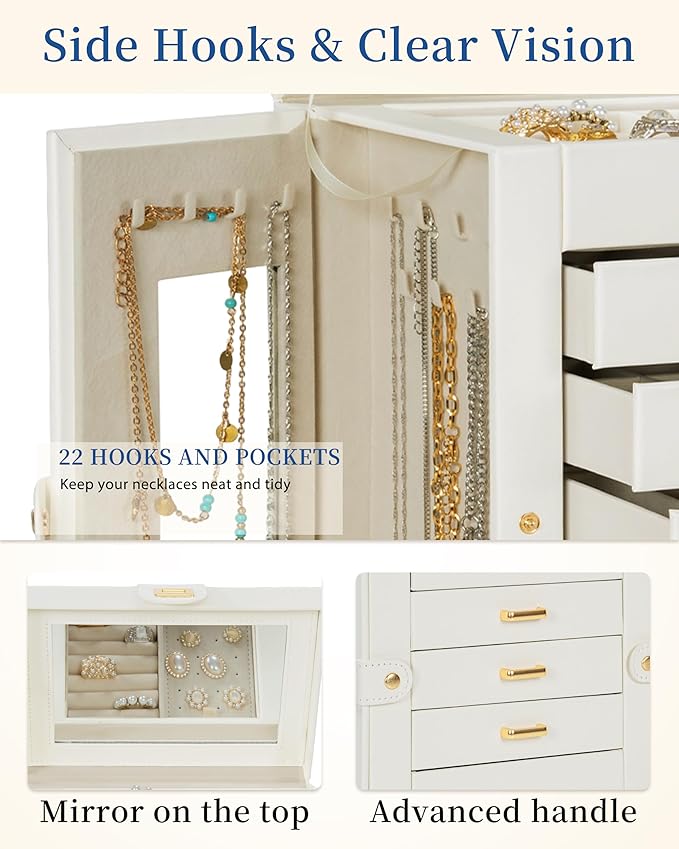 AKOZLIN Jewelry Box 6-Tier Organizer Functional 360° Rotating Jewelry Storage Case for Women Girls Ring Necklace Earring Bracelet Holder with Mirror